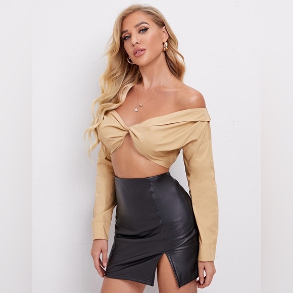 Beige Bardot Twist Front Crop Blouse - Picture 2 of 5